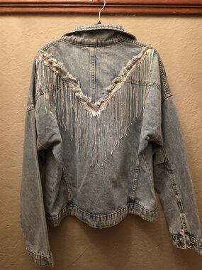 Sequin Fringe Denim Jacket Acid Wash Western Cowgirl XL